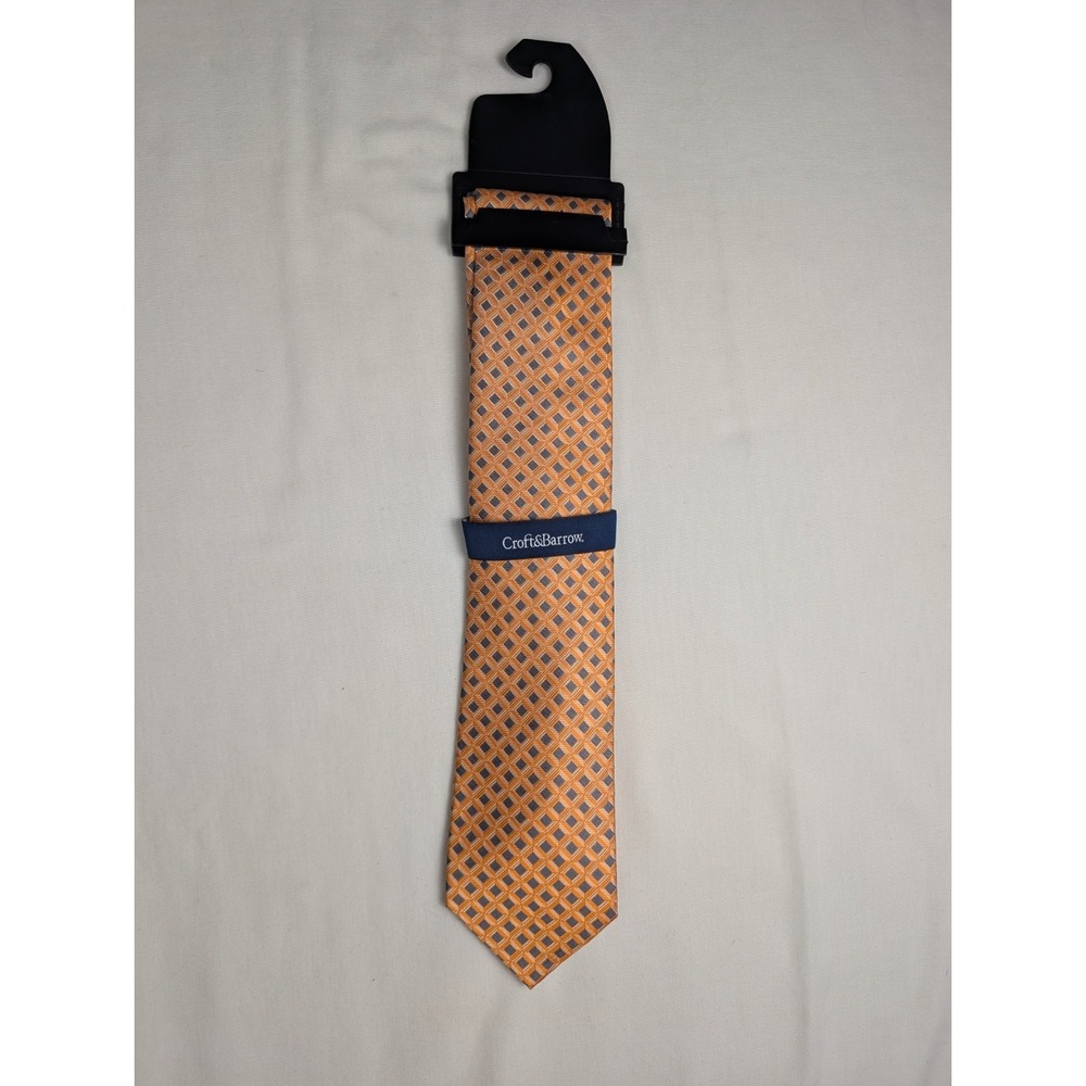 Croft & Barrow Tie Necktie 100% Silk Orange With Gray Squares NWT